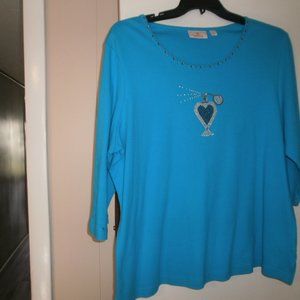 Woman's Quacker Factory top turquoise 1X with perfume bottle logo NEW